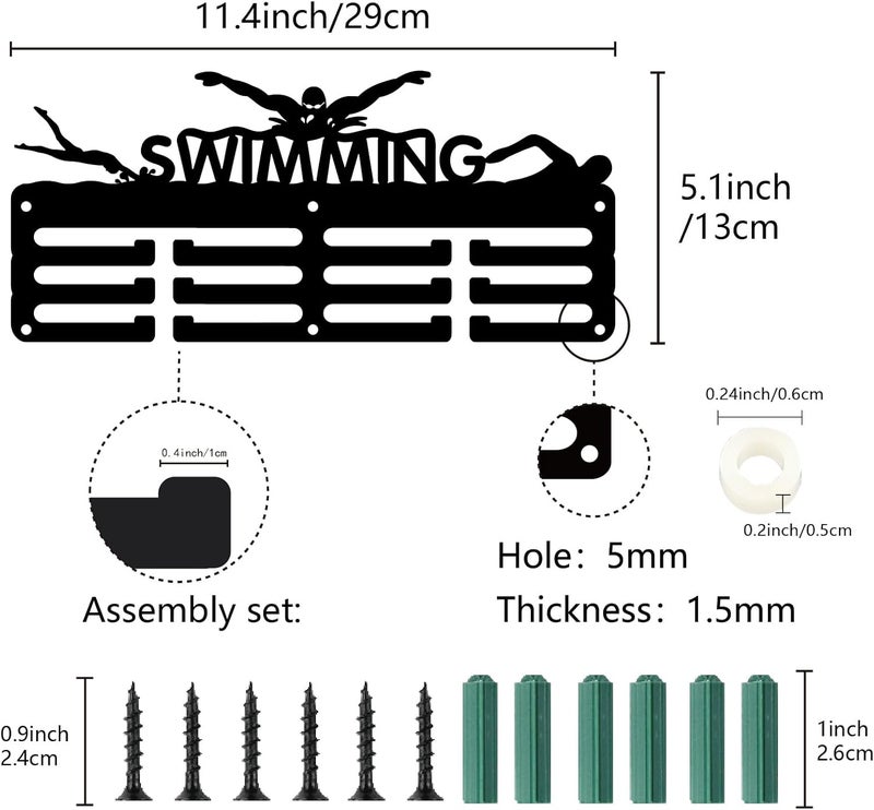 CREATCABIN Swimming Medal Holder Sports Medal Hanger Display Small Sports Race Competition Awards Ribbons Organizer Rack Black Metal Mount Decor Frame for Wall Hanging 40+ Medals Player 11.4x5.1Inch - Image 2